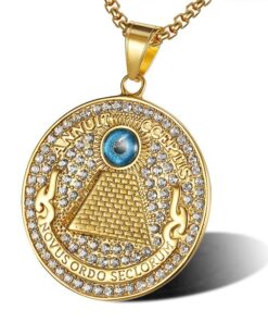 “Novus ordo seclorum”Round Pendants Necklaces Illuminati Pyramid Gold 316L